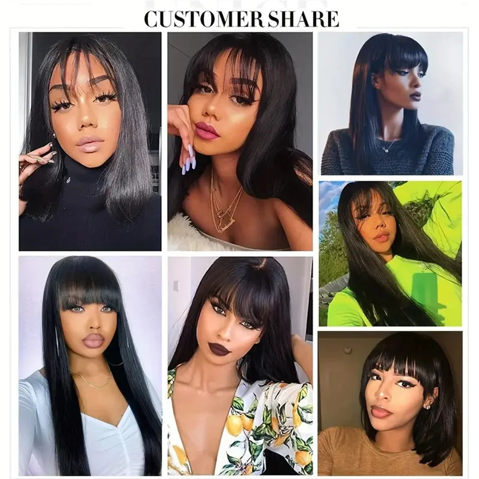 Silky Full Machine Made 100 Percent Brazilian Remy Human Hair Wig With Bangs Straight For Women On Sale by Beauty Bae