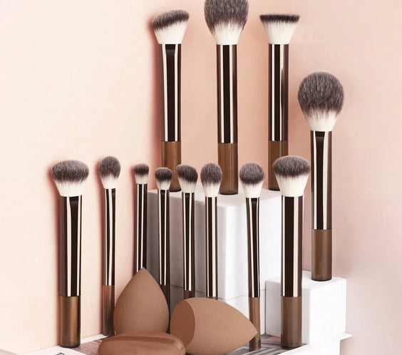 12pc Wool Fiber Brush Set with 12 brushes 2 makeup sponges and 1 powder puff wool fiber bristles plastic handles