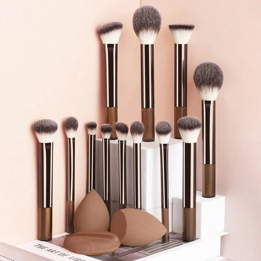 12pc Wool Fiber Brush Set with 12 brushes 2 makeup sponges and 1 powder puff wool fiber bristles plastic handles
