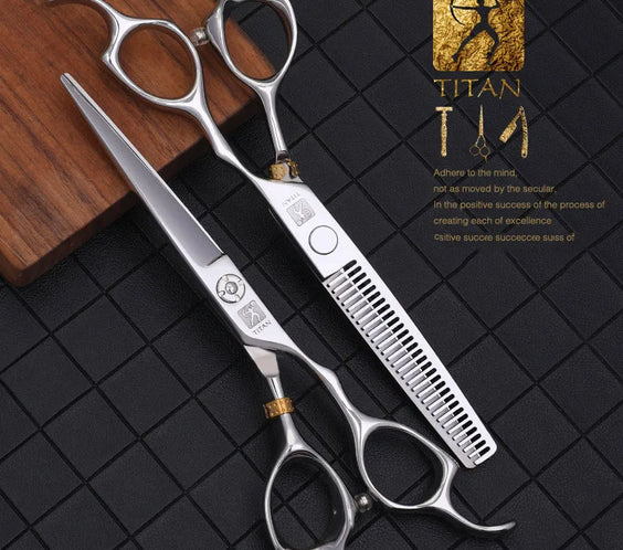 TITAN 440C hair scissors with Japan SUS440C blade 6.0in cutting shear and 30-tooth thinning option stainless handles PU leather case
