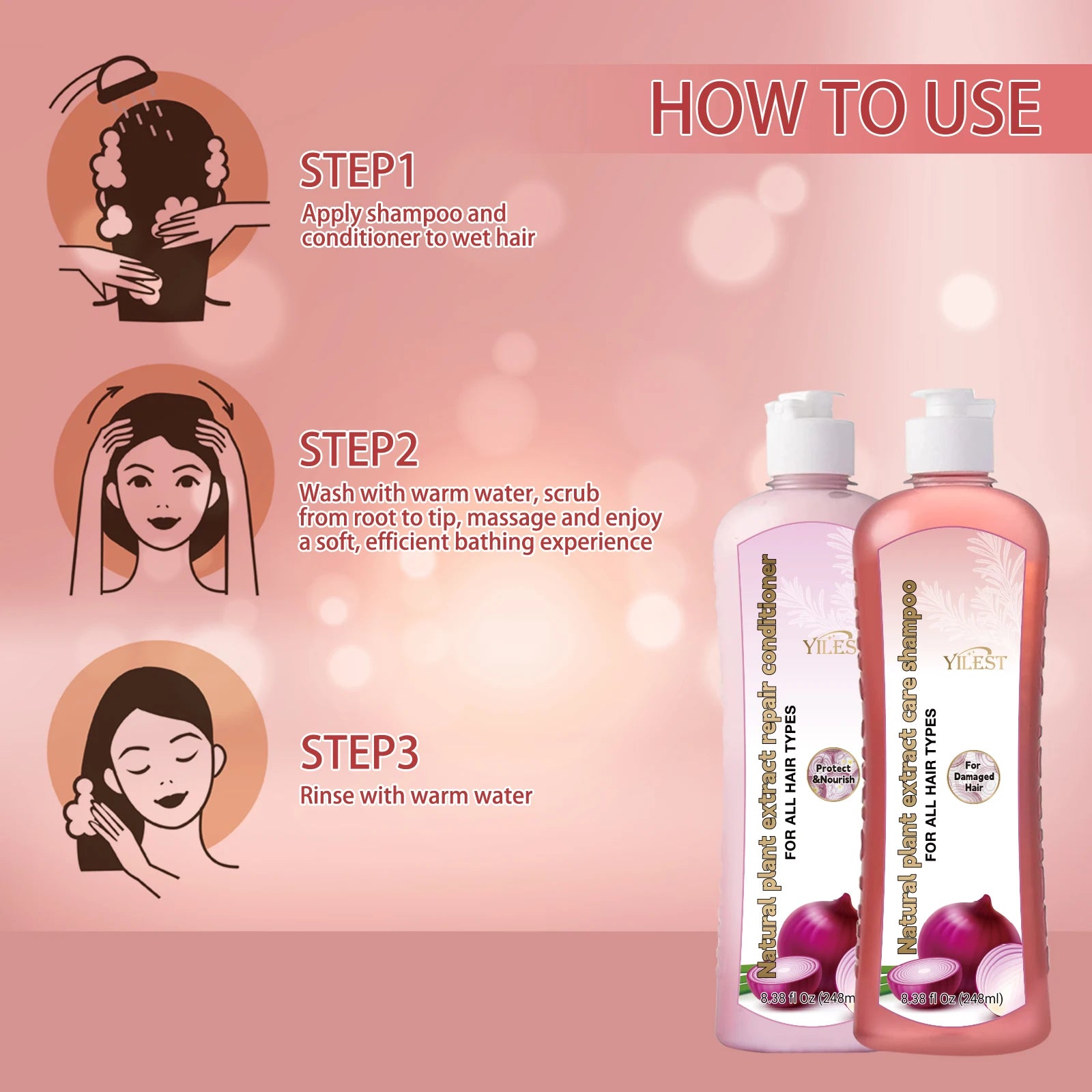 YILEST Natural Plant Shampoo and Conditioner Set 248ml Each for All Hair Types Moisturizes and Strengthens by Beauty Bae