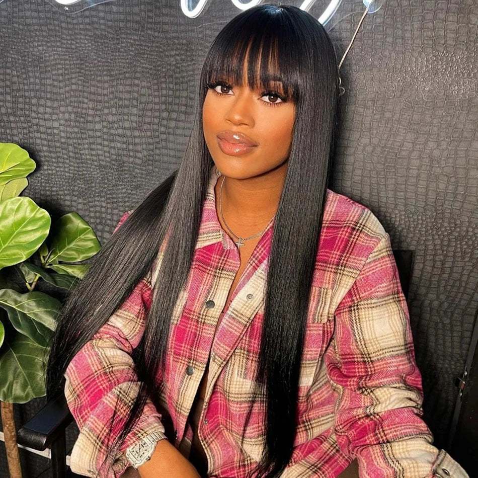 Silky Full Machine Made 100 Percent Brazilian Remy Human Hair Wig With Bangs Straight For Women On Sale by Beauty Bae