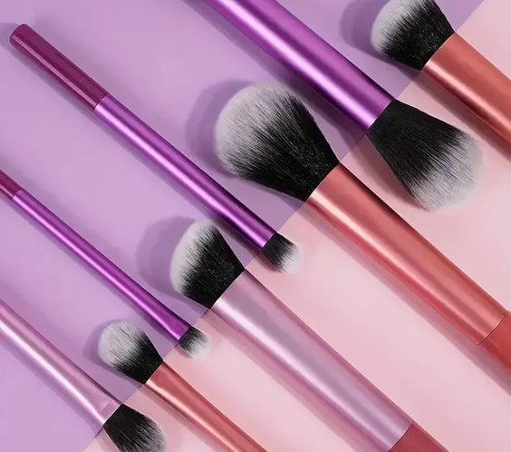 Black Gloss 8pc wool makeup brushes with black glossy plastic handles and wool fiber bristles for face and eye application