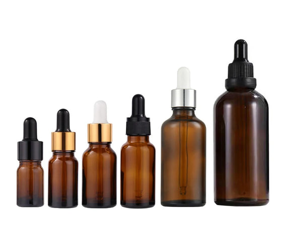 Amber Glass Dropper Set 10 refillable bottles 5ml to 100ml amber glass with plastic screw caps and rubber pipette heads