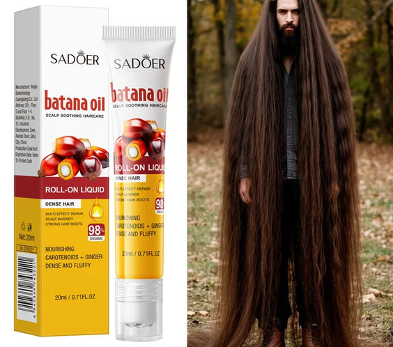 Batana Oil Hair Growth Roller 20ML bottle with metal rollerball applicator labeled CPNP certified 3 year shelf life