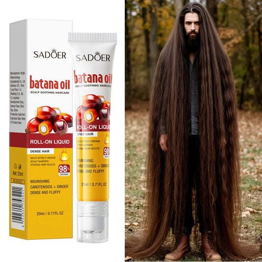 Batana Oil Hair Growth Roller 20ML bottle with metal rollerball applicator labeled CPNP certified 3 year shelf life