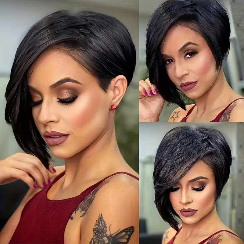 Short Layered Full Machine Made Pixie Wig With Bangs 100 Percent Human Hair Brazilian Remy Daily Wear For Women by Beauty Bae