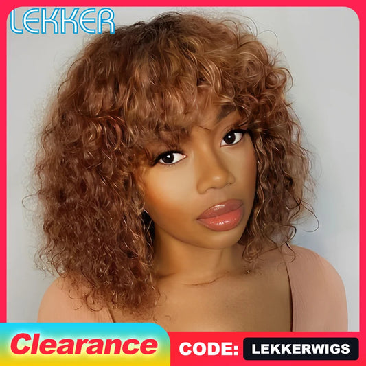 Lekker Short Pixie Afro Kinky Curly Bob Wig 100 Percent Brazilian Remy Hair For Women Ombre Brown Ginger by Beauty Bae