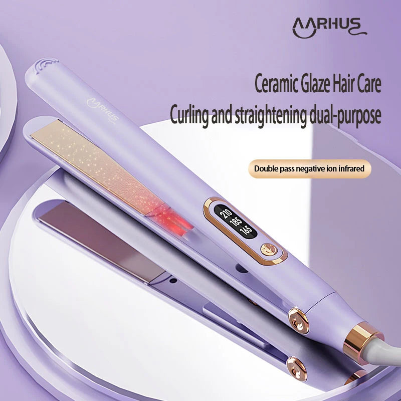 2-in-1 Curl & Straightener Ion with negative-ion plates and built-in essential oil chamber, professional-format styling tool