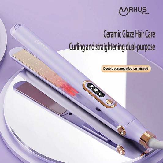 2-in-1 Curl & Straightener Ion with negative-ion plates and built-in essential oil chamber, professional-format styling tool