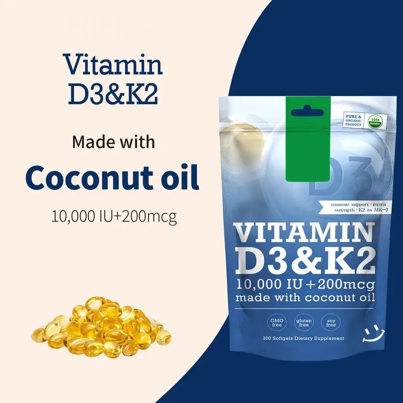 Vitamin D3 And K2 Softgels 300 Count For Optimal Calcium Absorption Bone And Heart Health MK7 And Immune Support by Beauty Bae
