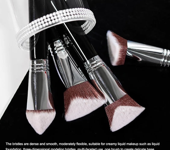 Vegan Angled Kabuki Brush with triangular dense synthetic head copper ferrule wooden handle sealed storage box