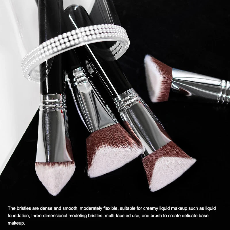 Vegan Angled Kabuki Brush with triangular dense synthetic head copper ferrule wooden handle sealed storage box