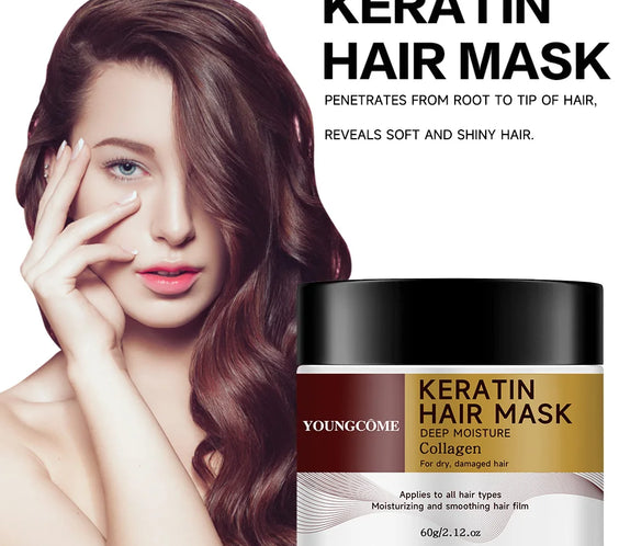 Collagen Keratin Hair Mask 60g by YOUNGCOME tube label showing collagen and keratin proteins and 60g size