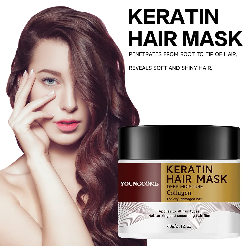 Collagen Keratin Hair Mask 60g by YOUNGCOME tube label showing collagen and keratin proteins and 60g size