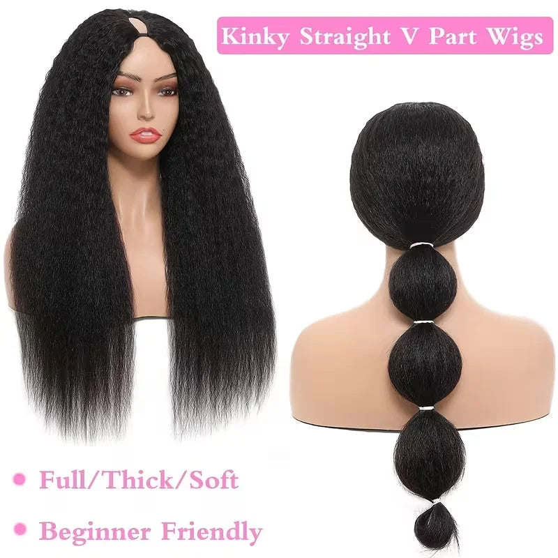 Kinky Straight V Part Human Hair Wig Glueless U Part 100 Percent Human Hair 220 Percent Density Wave 16 To 40 Inches by Beauty Bae