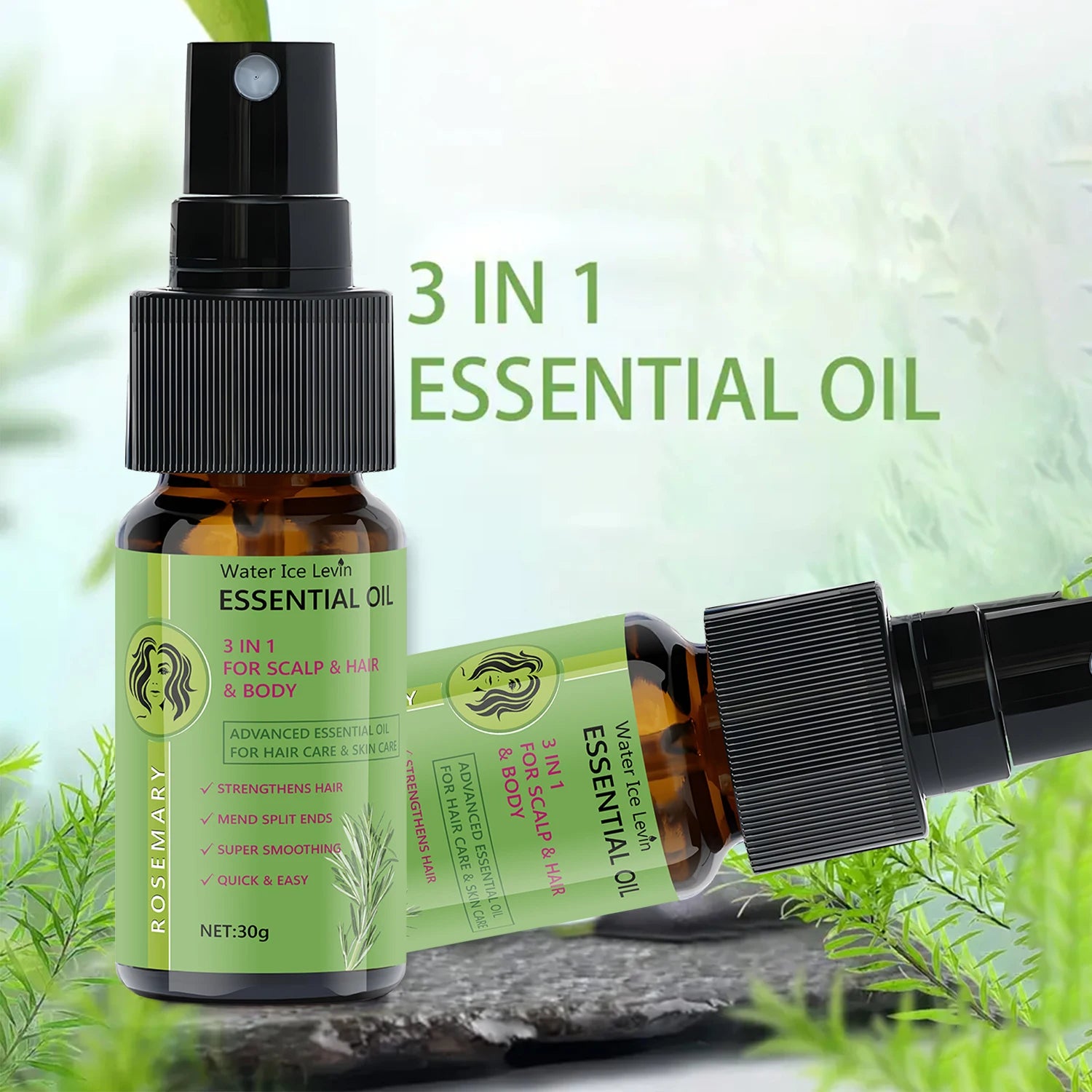 Rosemary 3-in-1 Hair Oil 30g compact tube Water Ice Levin label cold-processed rosemary extract travel-size