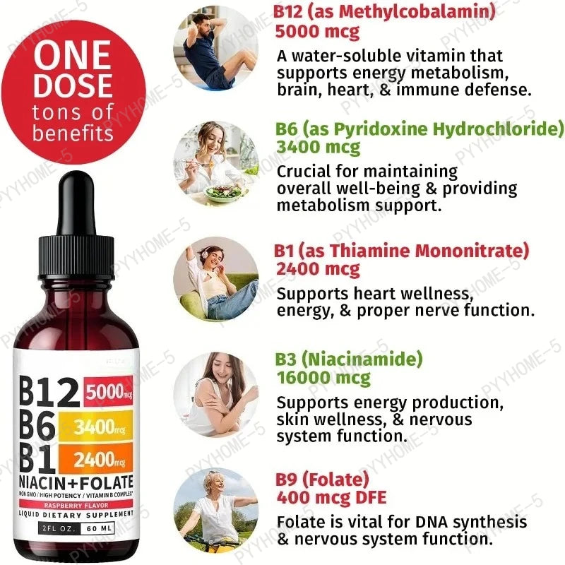 Vitamin B12 B6 B1 Liquid Drops Non GMO Raspberry Flavor for Brain Heart Immune Support Metabolism by Beauty Bae