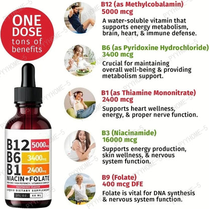 Vitamin B12 B6 B1 Liquid Drops Non GMO Raspberry Flavor for Brain Heart Immune Support Metabolism by Beauty Bae