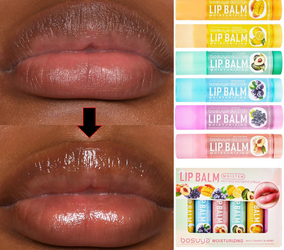 6-piece fruit-flavored lip balm tubes with smooth non-stick finish colored caps made in Mainland China