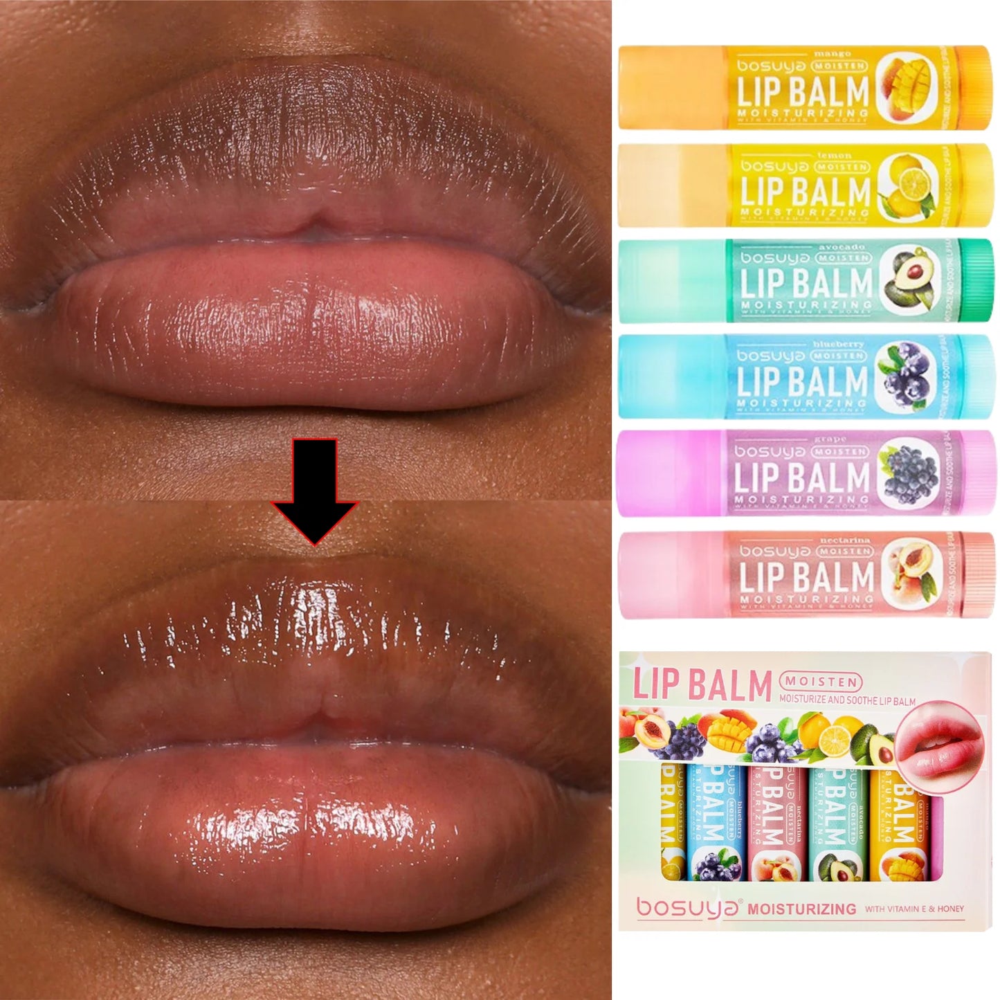 6-piece fruit-flavored lip balm tubes with smooth non-stick finish colored caps made in Mainland China