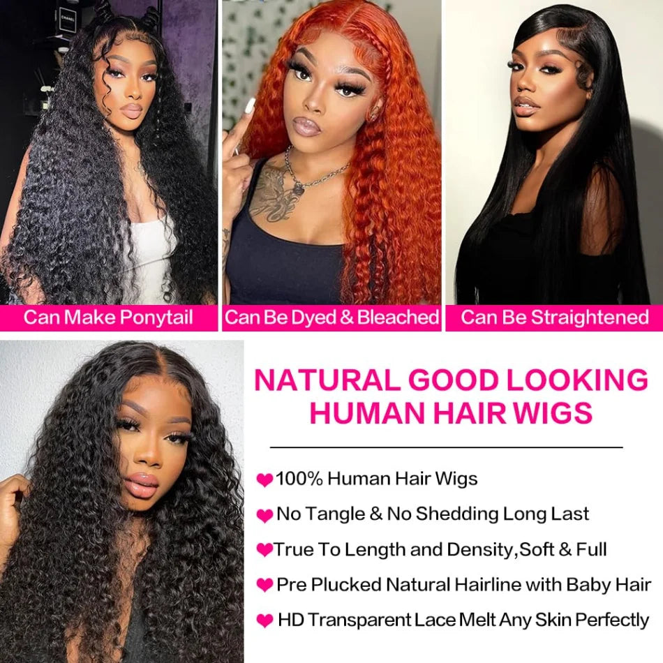 Swiss Lace Deep Wave Glueless HD Lace Frontal Wig 13X6 Brazilian Remy Hair 30 To 40 Inch Preplucked Natural Black by Beauty Bae