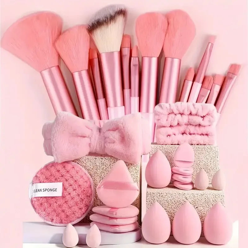 13/33pc Soft Wool Brush Set with wool fiber bristles plastic handles and included beauty blenders and puffs