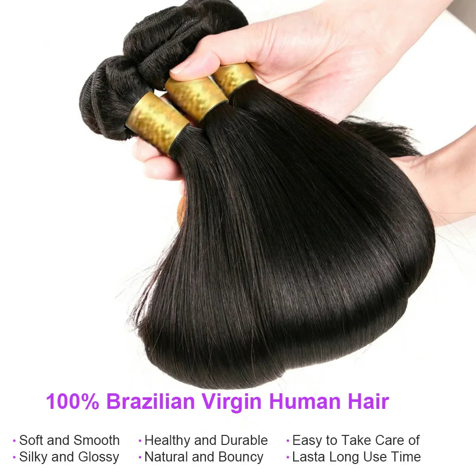 38 To 40 Inch Bone Straight 100 Percent Weave Human Hair Bundles Brazilian Virgin Unprocessed Black 3 To 4 Bundle Deals by Beauty Bae