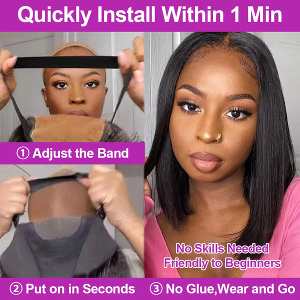 100% Human Hair Glueless Lace Front Wig 13x6 Short Bob Half Lace HD Frontal Brazilian Black Wear and Go by Beauty Bae