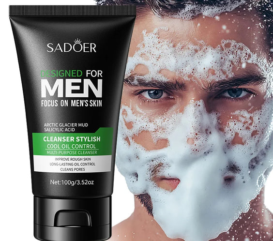 Men's Oil-Control Cleanser 100g tube front label showing oil-control claim GZZZ20250408 Made in Mainland China