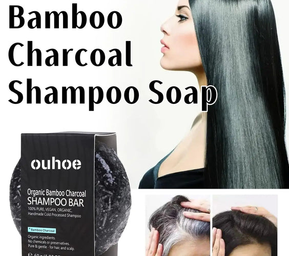 Bamboo Charcoal Shampoo Bar 60g black round bar with label listing bamboo charcoal coconut oil and olive oil