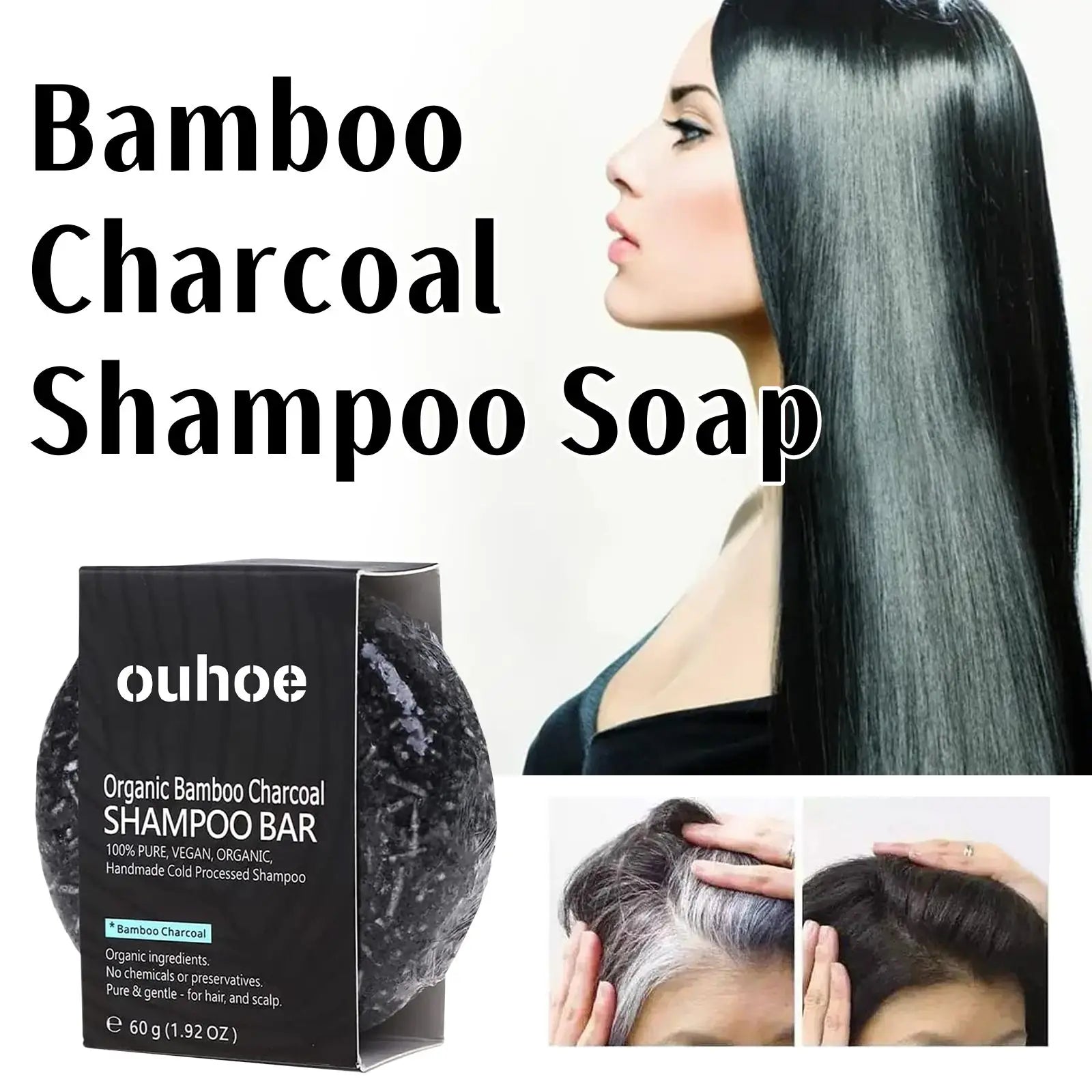 Bamboo Charcoal Shampoo Bar 60g black round bar with label listing bamboo charcoal coconut oil and olive oil