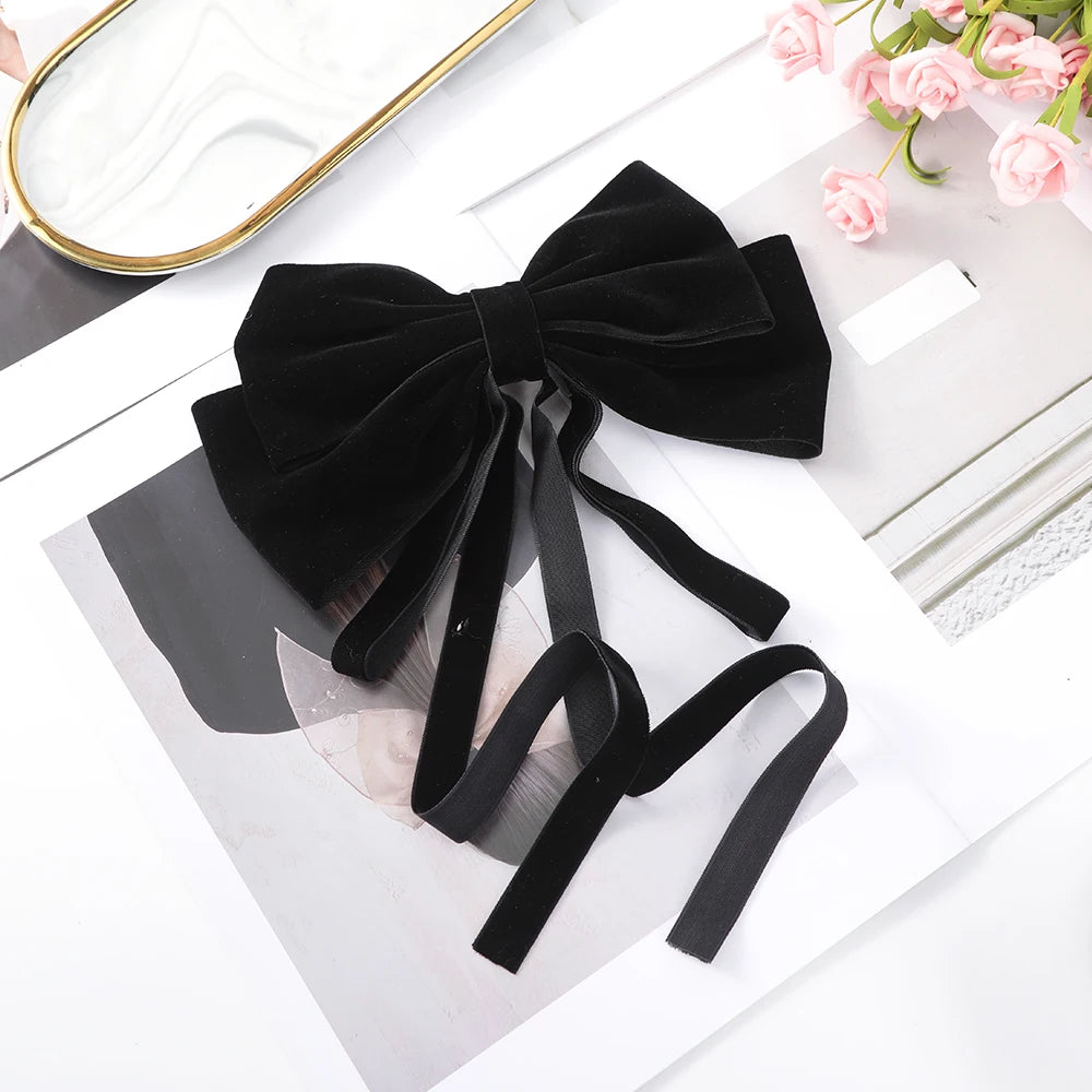 Velvet Bow Hair Barrette for Women and Girls Ponytail Hairpin Red and Black Ribbon Hair Clip Fashion Accessories by Beauty Bae
