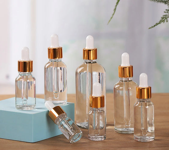 Glass dropper bottle with gold screw cap white rubber pipette clear glass 5-100 ml sizes