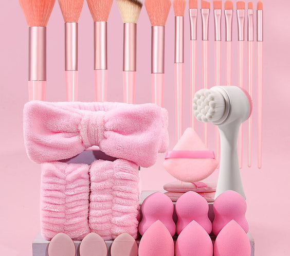 29pc Makeup Brush and Sponge Set with 13 wool-fiber brushes 12 blending sponges face-wash brush and headband