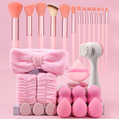 29pc Makeup Brush and Sponge Set with 13 wool-fiber brushes 12 blending sponges face-wash brush and headband