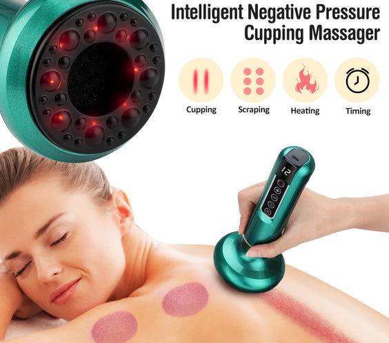 Cordless Cupping Massager with ABS handheld unit USB cable control panel showing 6/12 suction speeds and infrared heating 45-50C