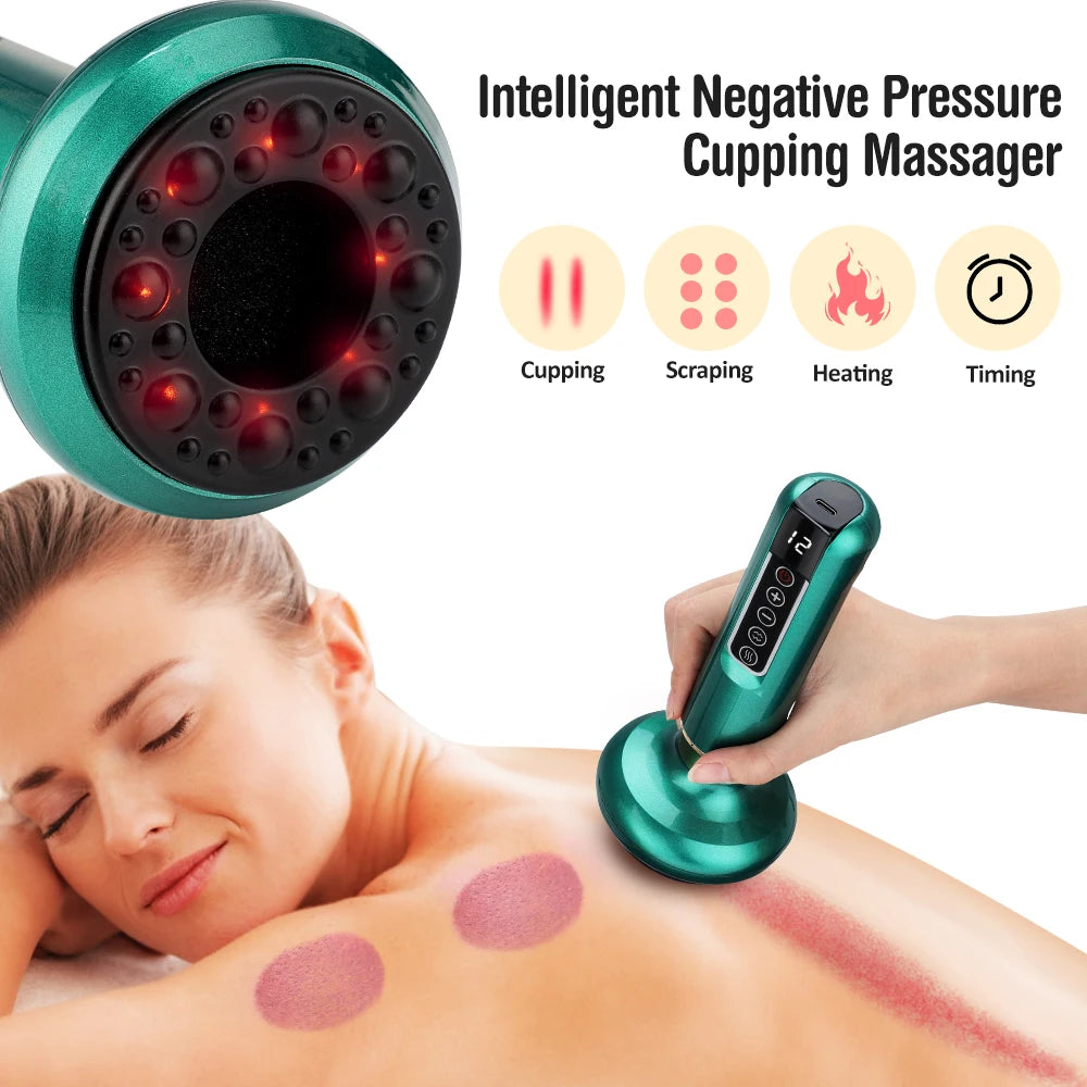 Cordless Cupping Massager with ABS handheld unit USB cable control panel showing 6/12 suction speeds and infrared heating 45-50C