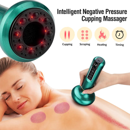 Cordless Cupping Massager with ABS handheld unit USB cable control panel showing 6/12 suction speeds and infrared heating 45-50C