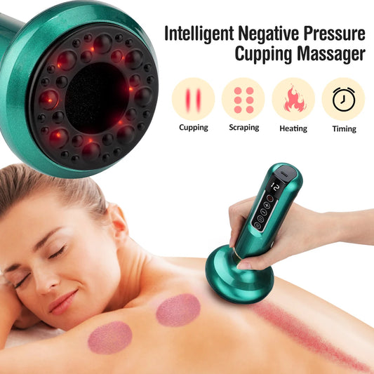 Cordless Cupping Massager with ABS handheld unit USB cable control panel showing 6/12 suction speeds and infrared heating 45-50C