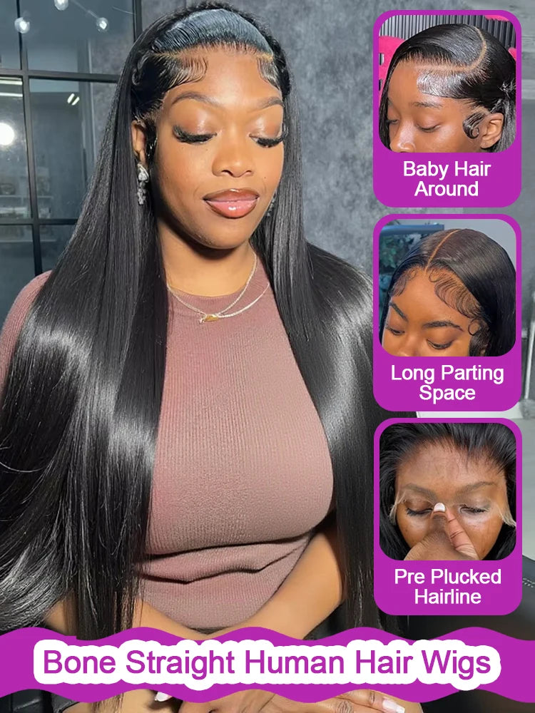 40 Inch Natural Black Glueless Lace Front Wig For Women 13x6 360 HD Lace Frontal Bone Straight Remy Human Hair by Beauty Bae
