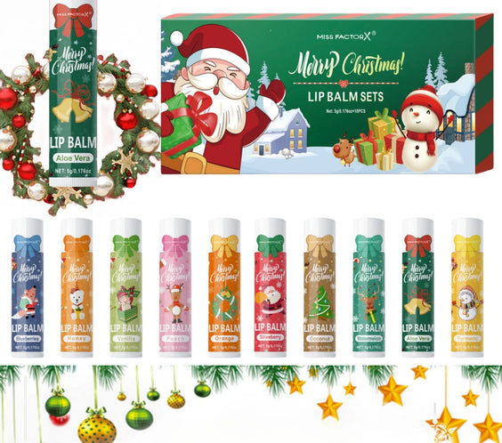 10pcs Hydrating Lip Balm Set tubes in gift box showing multiple color-brightening shades and compact travel sizes