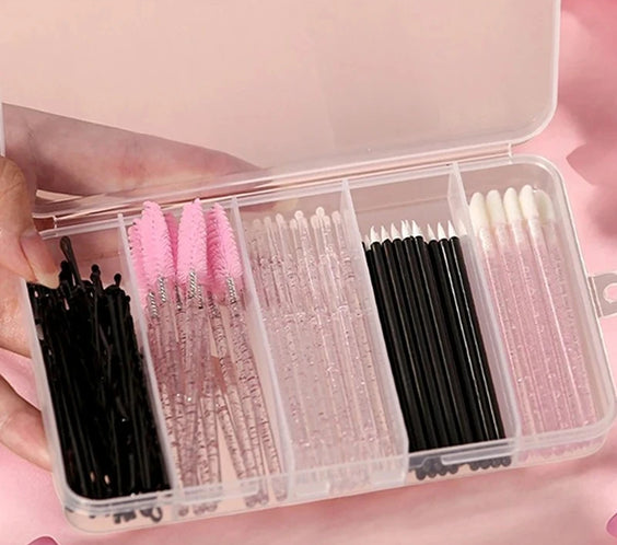 80pc wool-fiber lash brush set with assorted micro brushes hairpins and plastic handles in organized kit