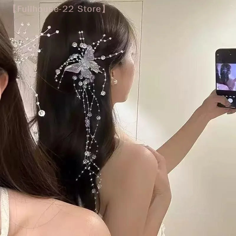 【MAX-22】Long Butterfly Beaded Tassel Hair Clip For Women Fairy Temperament Sweet Princess Hairpin Bride Hair Accessories by Beauty Bae