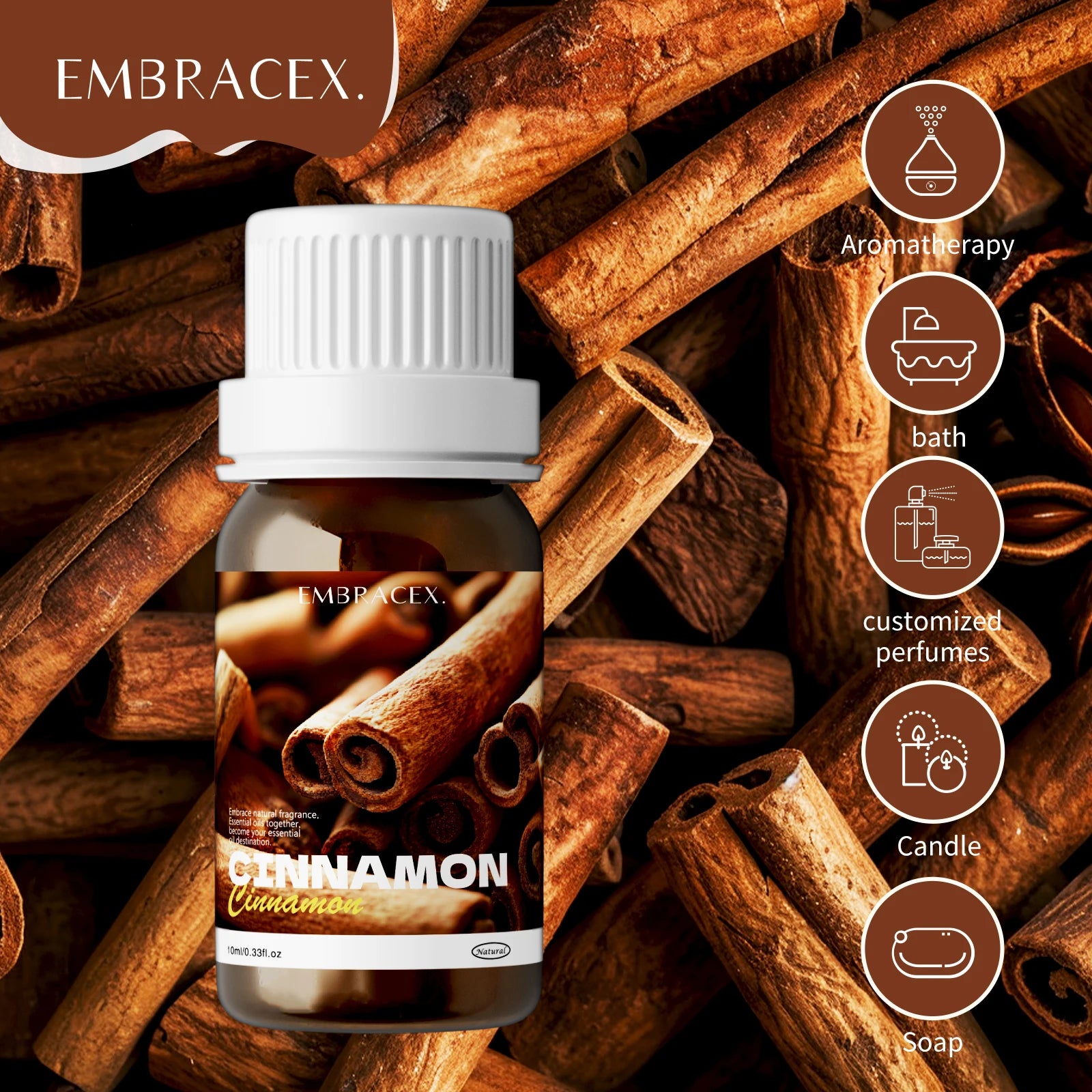 Cinnamon Bark Essential Oil 10ml amber bottle with EMBRACEX label and gift box