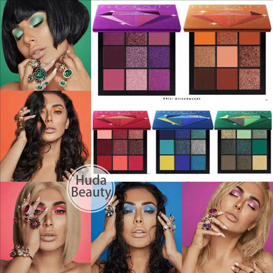 Huda Beauty 9 Color Diamond Amethyst Ruby Red Gold Eye Shadow Palette Matte Shimmer Eyeshadow Glitter Makeup by Beauty Bae