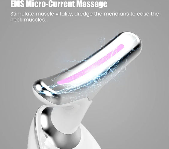 LED Face Neck Lift Massager dolphin-shaped 160° curved head acrylic housing LED lights EMS ION+ ION- heat to 113°F handheld