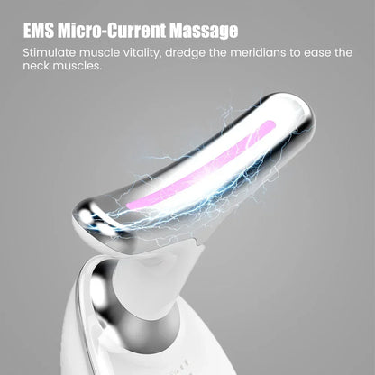 LED Face Neck Lift Massager dolphin-shaped 160° curved head acrylic housing LED lights EMS ION+ ION- heat to 113°F handheld