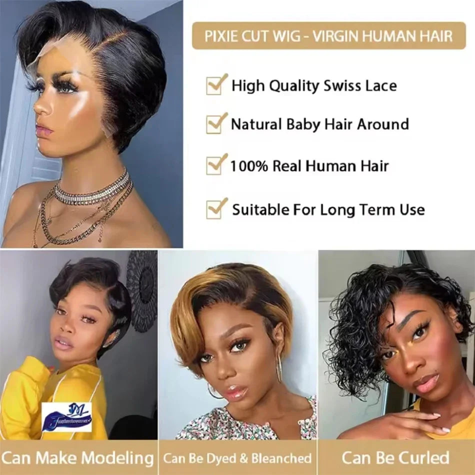 Burmese Hair Side Part Pixie Cut Short Bob Wig 13x4 Lace Front 100 Percent Virgin Hair Natural Color by Beauty Bae