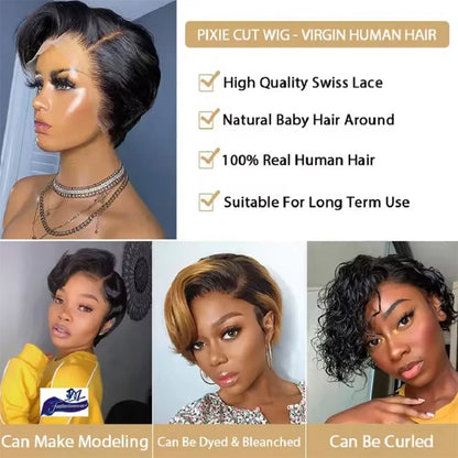 Burmese Hair Side Part Pixie Cut Short Bob Wig 13x4 Lace Front 100 Percent Virgin Hair Natural Color by Beauty Bae